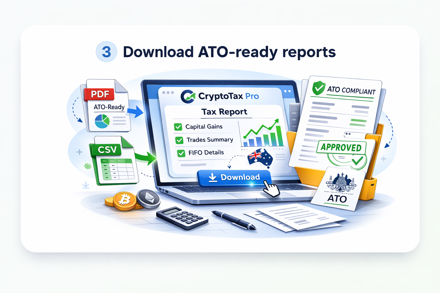 ATO-ready tax report PDF and CSV